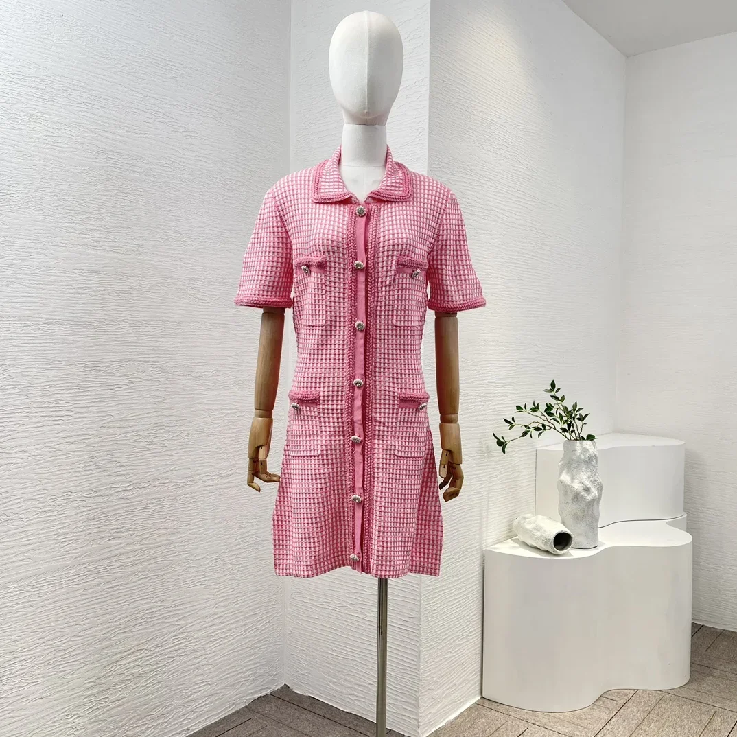 

2024 New Spring Summer High Quality Pink Stretchy Fit Short Sleeve Diamonds Buttons Mini Knit Dress Women Clothing