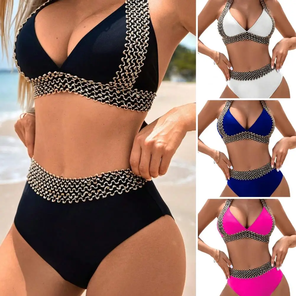 

Strappy Halterneck Swimsuit Stylish Halter Neck Bikini Set with High Waist Briefs Backless Design Women's Patchwork for Beach