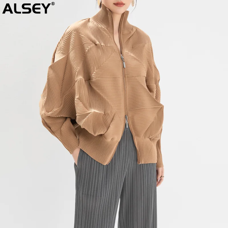 

ALSEY Miyake Pleated Jacket Senior Sense Fashion Temperament Women 2024 New Handmade Bud Bat Sleeve Zipper Section Cardigan Tops
