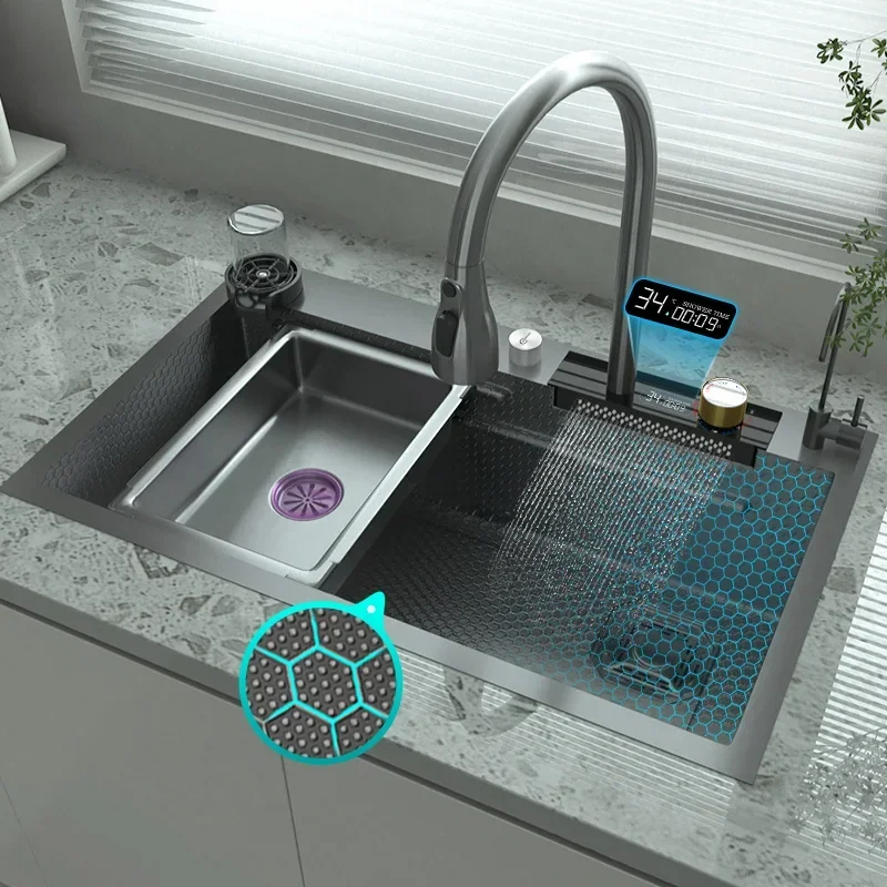 Waterfall Sink 304 Stainless Steel Kitchen Sink Embossed Large Single Slot Multifunctional Washbasin for Kitchen 
Waterfall Sink 304 Stainless Steel Kitchen Sink Embossed Large Single Slot Multifunctional Washbasin for Kitchen