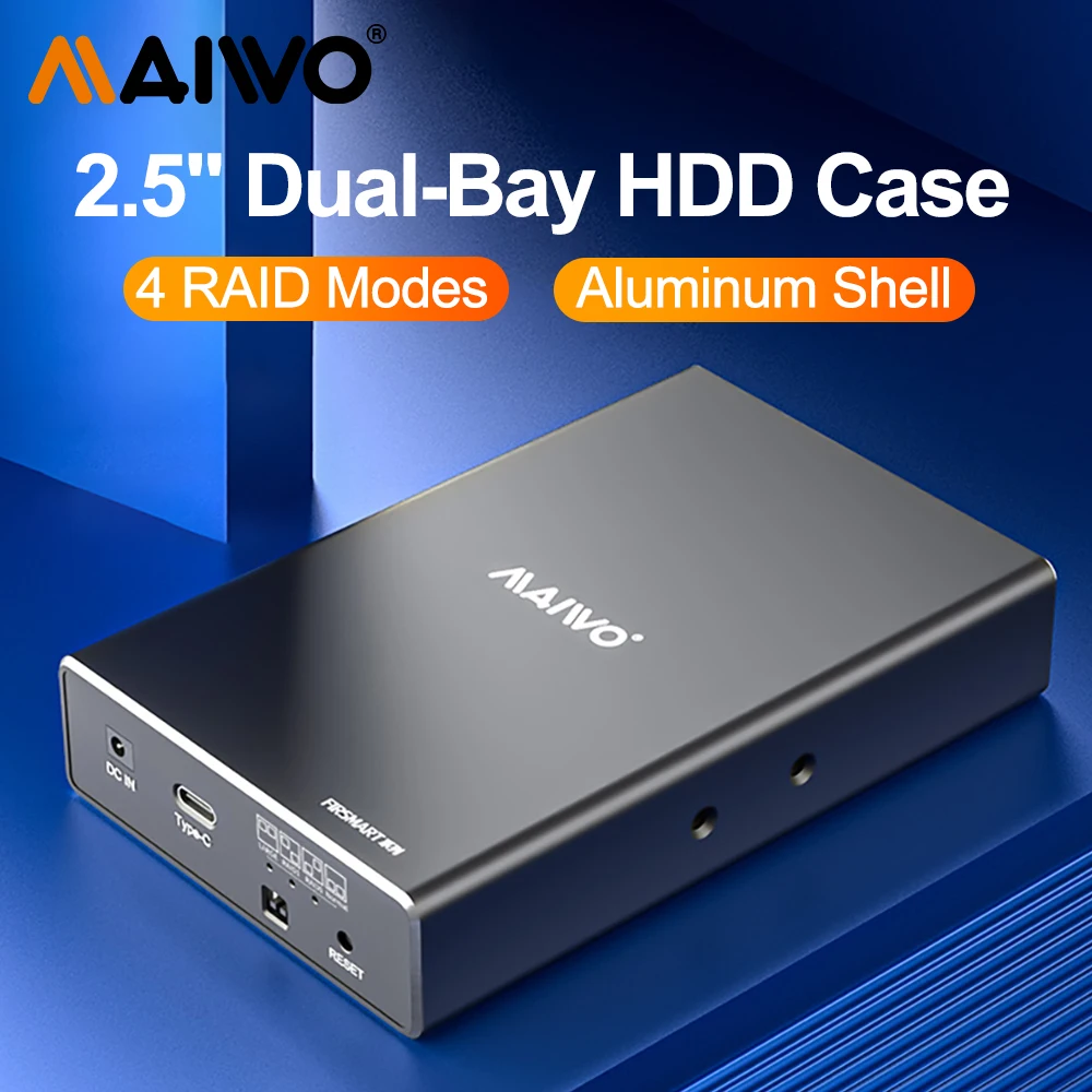 

MAIWO HDD Case 2.5 Inch Dual Bay External Hard Drive Enclosure Case HD Array SATA TO USB Hard Disk Array With 4 RAID Function