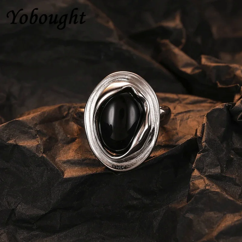 

925 Sterling Silver Black Agate Cool Style Gemstone Small Design Network Red Opening Female Index Finger Ring With Simple Person