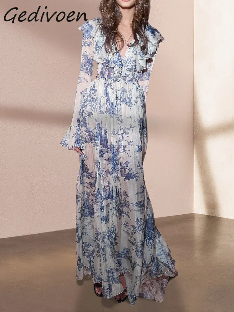 Gedivoen Summer Fashion Designer Vintage Loose Dress Women Flare Sleeve Ruffles Buttons High Waist Folds Floral Print Long Dress
Gedivoen Summer Fashion Designer Vintage Loose Dress Women Flare Sleeve Ruffles Buttons High Waist Folds Floral Print Long Dress