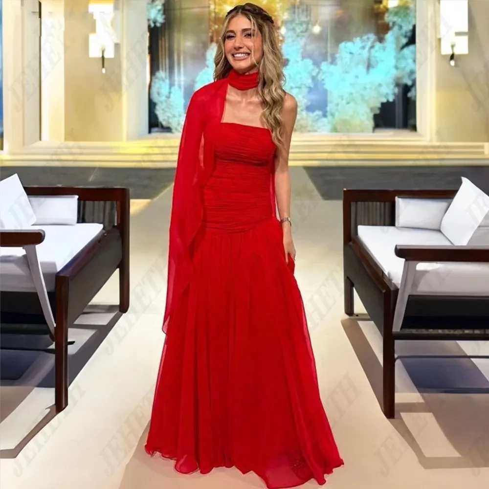 

Red Evening Formal Dress Strapless Sleeveless Chffon Saudi Arabia Prom Party Gowns Vestidos Fiesta Robe De Soirée