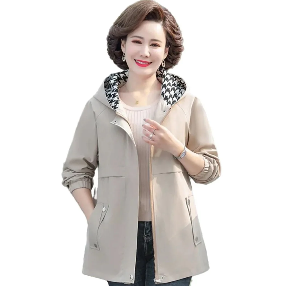 

Mom Fashion Spring Coat Western Style Middle-aged Ladies Casual Large Size Loose Hooded Temperament Windbreaker Woman 5XL.