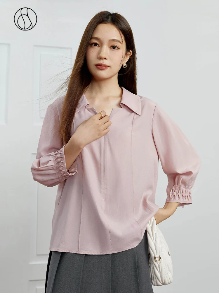 

DUSHU Temperament Pink Women Nine Points Sleeve Drape Shirt Zip Fly Design Lapel Collar Shirt Autumn New Feamle Commuter Blouses