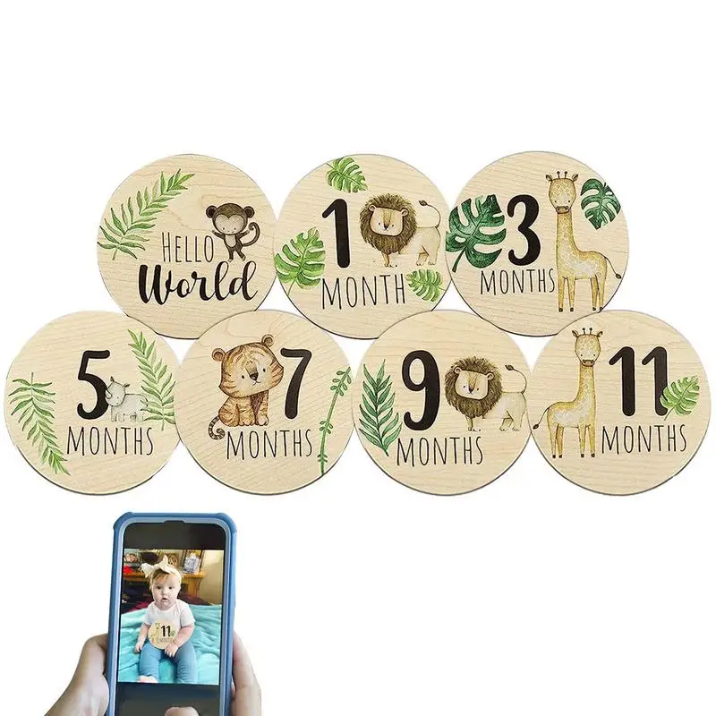 

Monthly Milestone Wood Discs Wooden Photo Prop Discs 7 PCS Pregnancy Journey Sign Double Sided Wooden Photo Prop Discs Baby