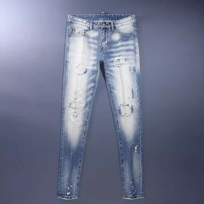 

High Street Fashion Men Jeans Retro Light Blue Stretch Skinny Fit Hole Ripped Jeans Men Patched Designer Hip Hop Brand Pants