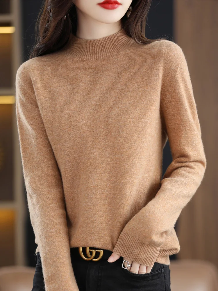 

Women Sweater Spring Autumn Winter Half High Collar Long Sleeve Pullover 100% Merino Wool Casual Knitwear Classical Fashion Tops