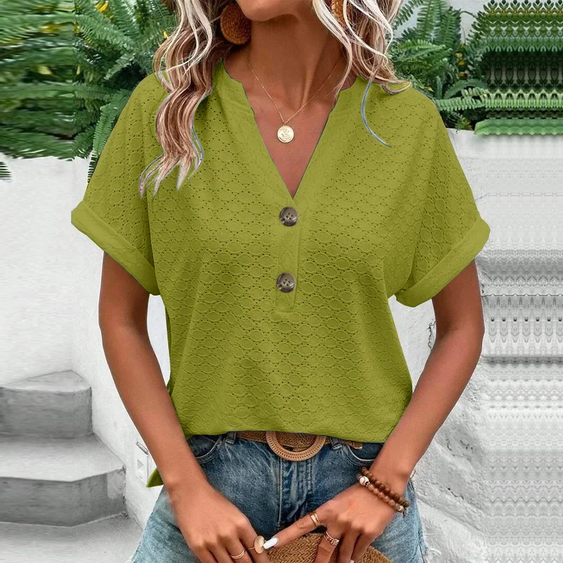 Fashion Solid Color Button Splice Deep V-neck T-shirt Female 2023 Summer Casual Short Sleeve Tees Women's Sweet Style Loose Tops
Fashion Solid Color Button Splice Deep V-neck T-shirt Female 2023 Summer Casual Short Sleeve Tees Women's Sweet Style Loose Tops