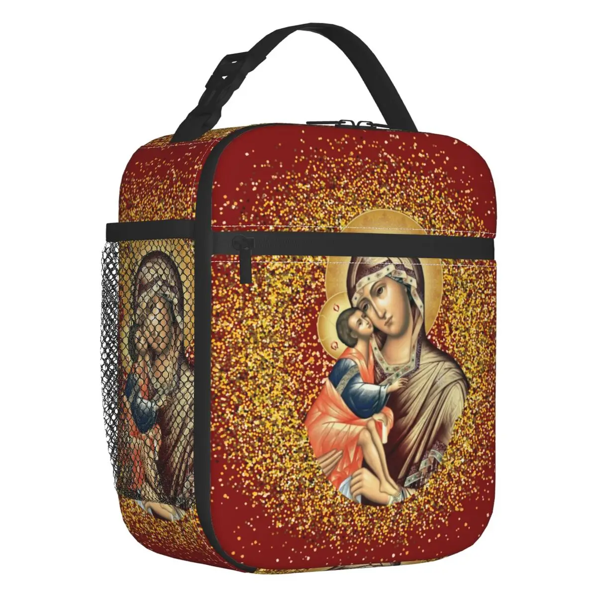 

Virgin Mary Portable Lunch Box Women Multifunction Mexican Catholic Jesus Thermal Cooler Food Insulated Lunch Bag Office Work
