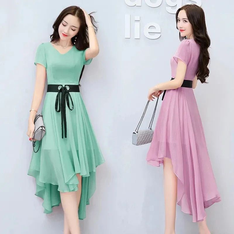 

Hem Belted Chiffon Dress Women Summer Elegant Short Sleeve Pleated A-Line Dresses Korean Vestidos De Fiesta Robe Femme R267