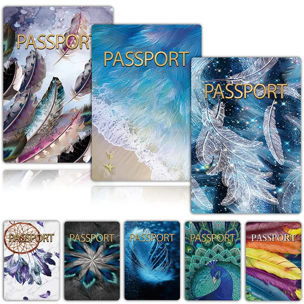 

Passport Sleeve Pu Leather Wallet Feather Pattern Passport Secure Storage Case ID Cred-Card Business Card Holder Protector Cover