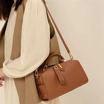 Maxdutti French Leather Handbag Fashion Ladies Commuter Casual Large Capacity Boston Pillow Bag Women Messenger Shoulder Bag