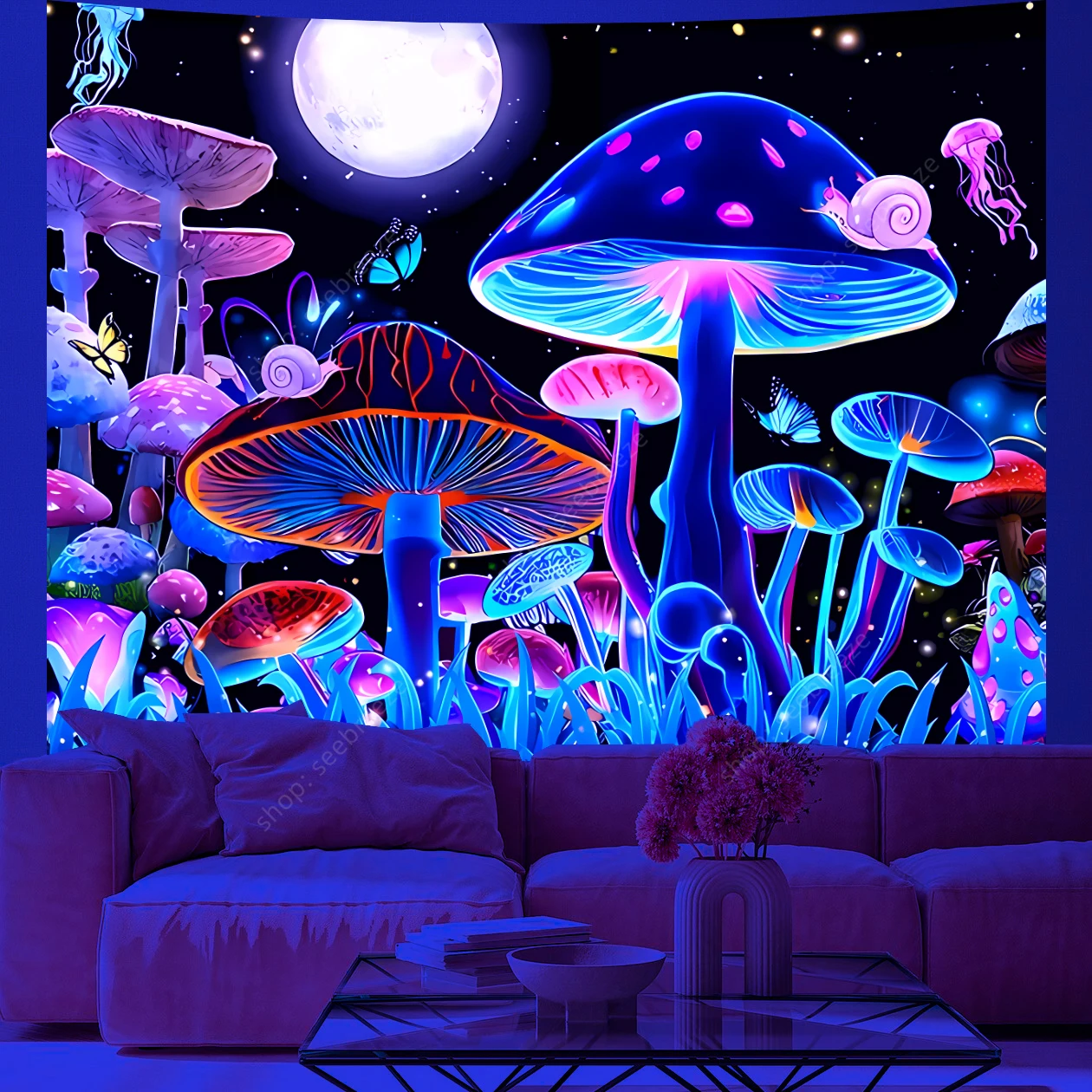 

Mushroom UV Reactive Tapestry Psychedelic Moon Butterfly Jellyfish Wall Tapestry Aesthetic Room Decor Hippie Decor Curtain Cloth