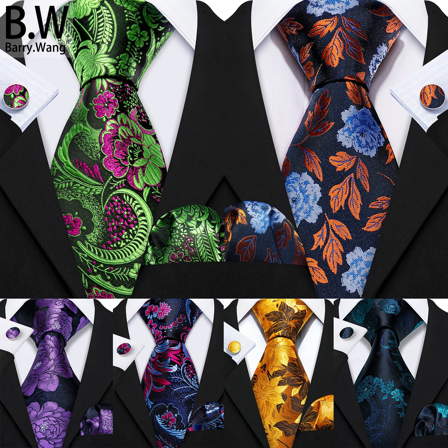 

Barry.Wang Elegant Silk Men Tie Handkerchief Cufflinks Set Jacquard Floral 8.5cm Width Necktie For Male Wedding Business Gift