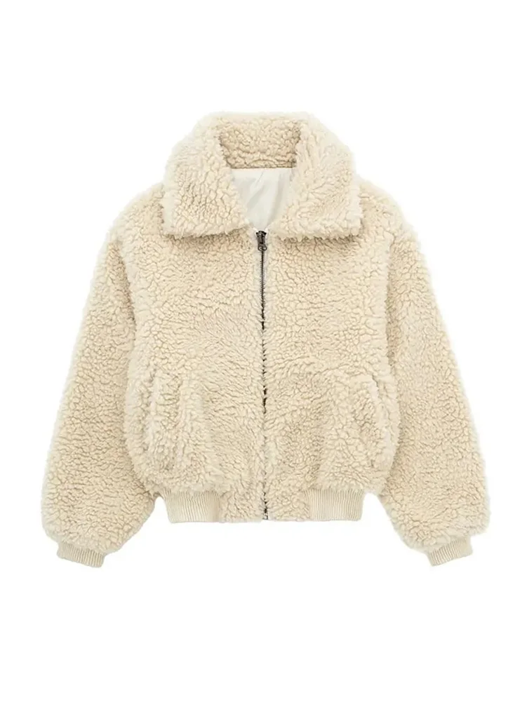 

HH TRAF Winter Women's Fuzzy Fleece Lapel Jacket Casual Long Sleeves Sherpa Cropped Coat Female Fashion Furry Warm Outerwear