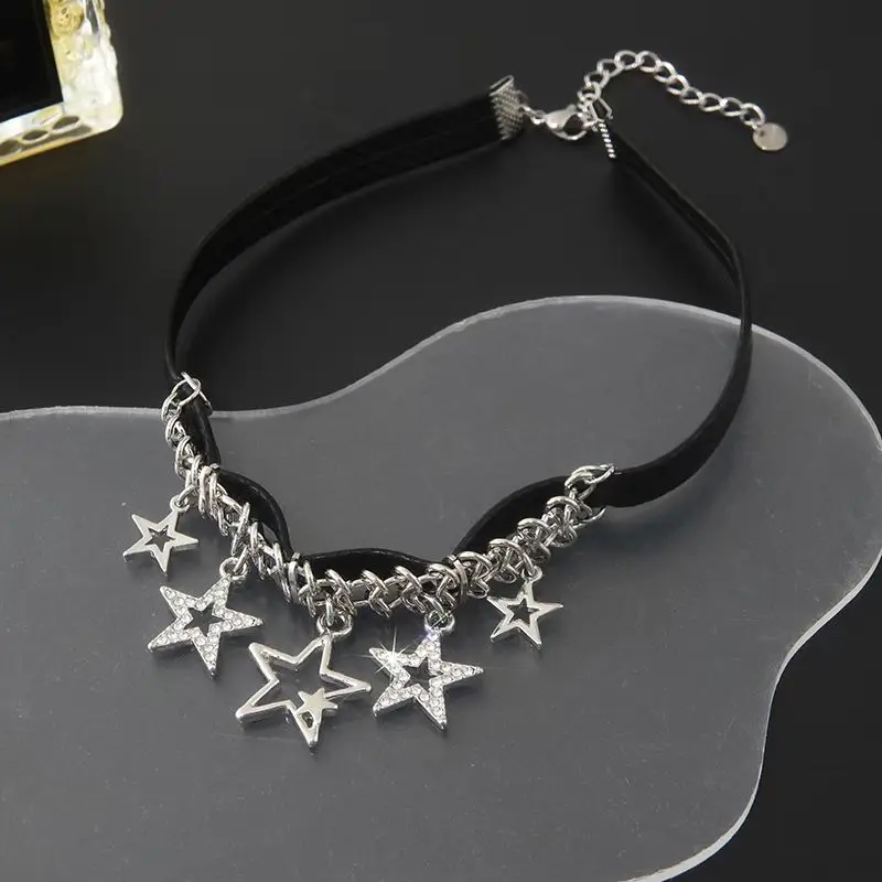 

Ladies Womens Black Leather Choker Necklace with Black Chain and Pentagram Star Tassel Charm Pendant Multilayer Collar Necklace