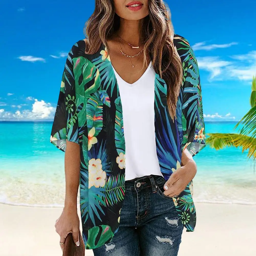 Vacation Bikini Cover Up Flower Print Women's Beach Shirt Sun Protection Cover-up Top with Short Sleeve Open Stitch for Lady
Vacation Bikini Cover Up Flower Print Women's Beach Shirt Sun Protection Cover-up Top with Short Sleeve Open Stitch for Lady