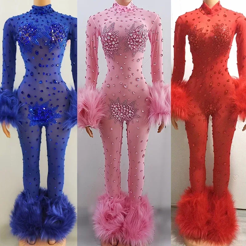 

New Singer Rhinestones Jumpsuit Nightclub Bar Gogo Dance Clothing Multi Colors Stretch Bodysuit Drag Queen Costume