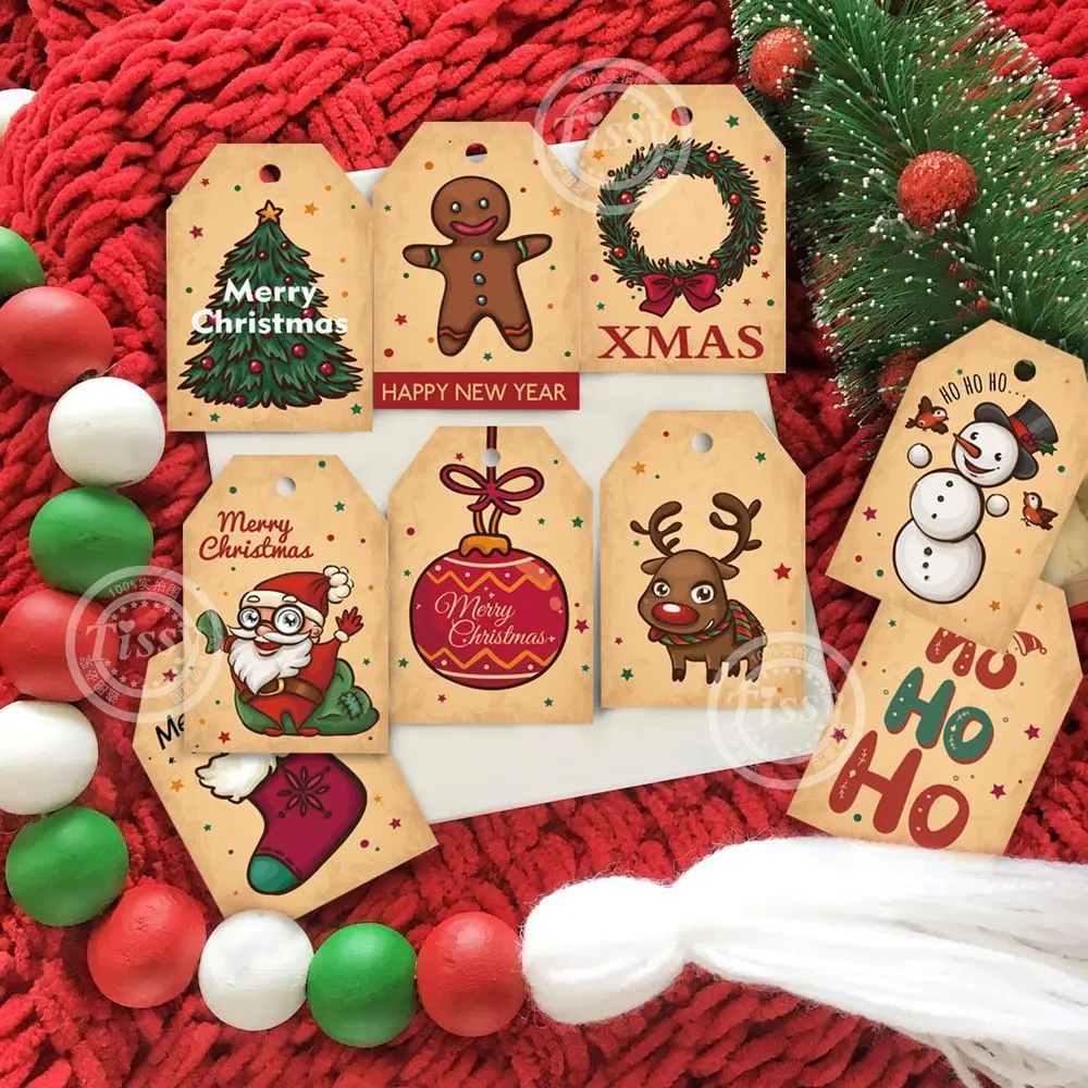 

48PCS Christmas Paper Tags Carton Santa Claus/Snowman/Deer Printed Crafts Hanging Labels for 2023 Navidad Gifts Wrapping Supply