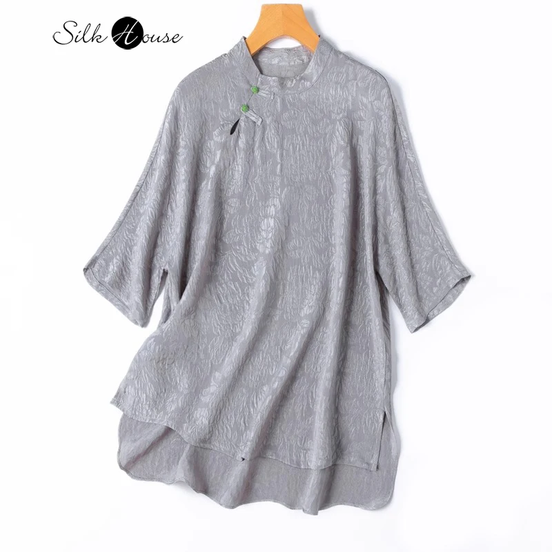 

Advanced Smoke Rain Grey Soft Glutinous Relief Feeling 100% Natural Mulberry Silk GuanLe Crepe Standing Neck Women's T-shirt