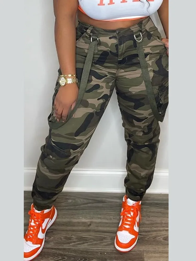 

Camo Camouflage Print Cargo Jogger Sweatpant for Women Military High Waisted Button Zipper Closure Side Pockets Long Trouser