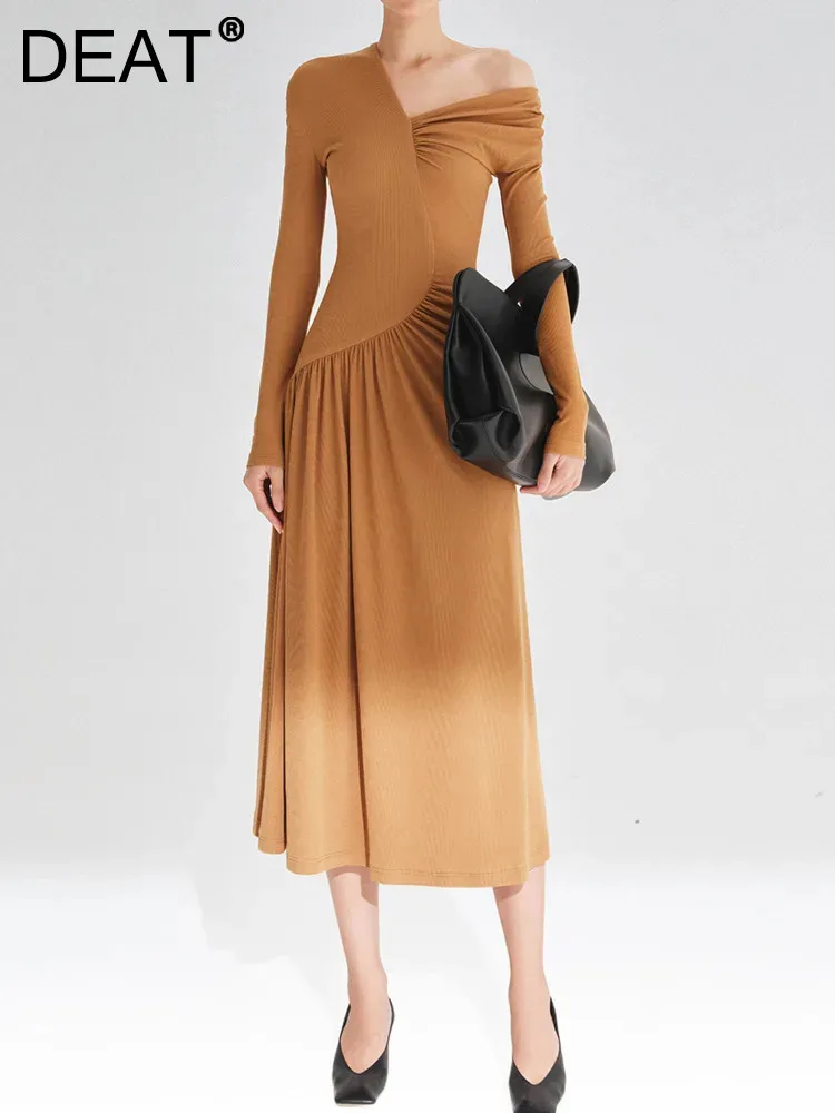 

DEAT Elegant Dress Asymmetric Single Shoulder Folds Waist Retraction Solid Color Women's Dresses 2024 Spring New Fashion 17A6609