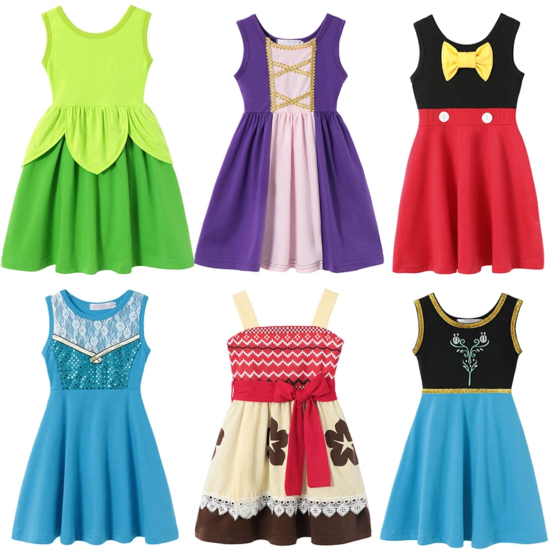 

Летнее платье-жилет в стиле принцессы для маленькой девочки, хлопковый сарафан до колен, для малышей, Эльза, Анна, Ариэль, Моана