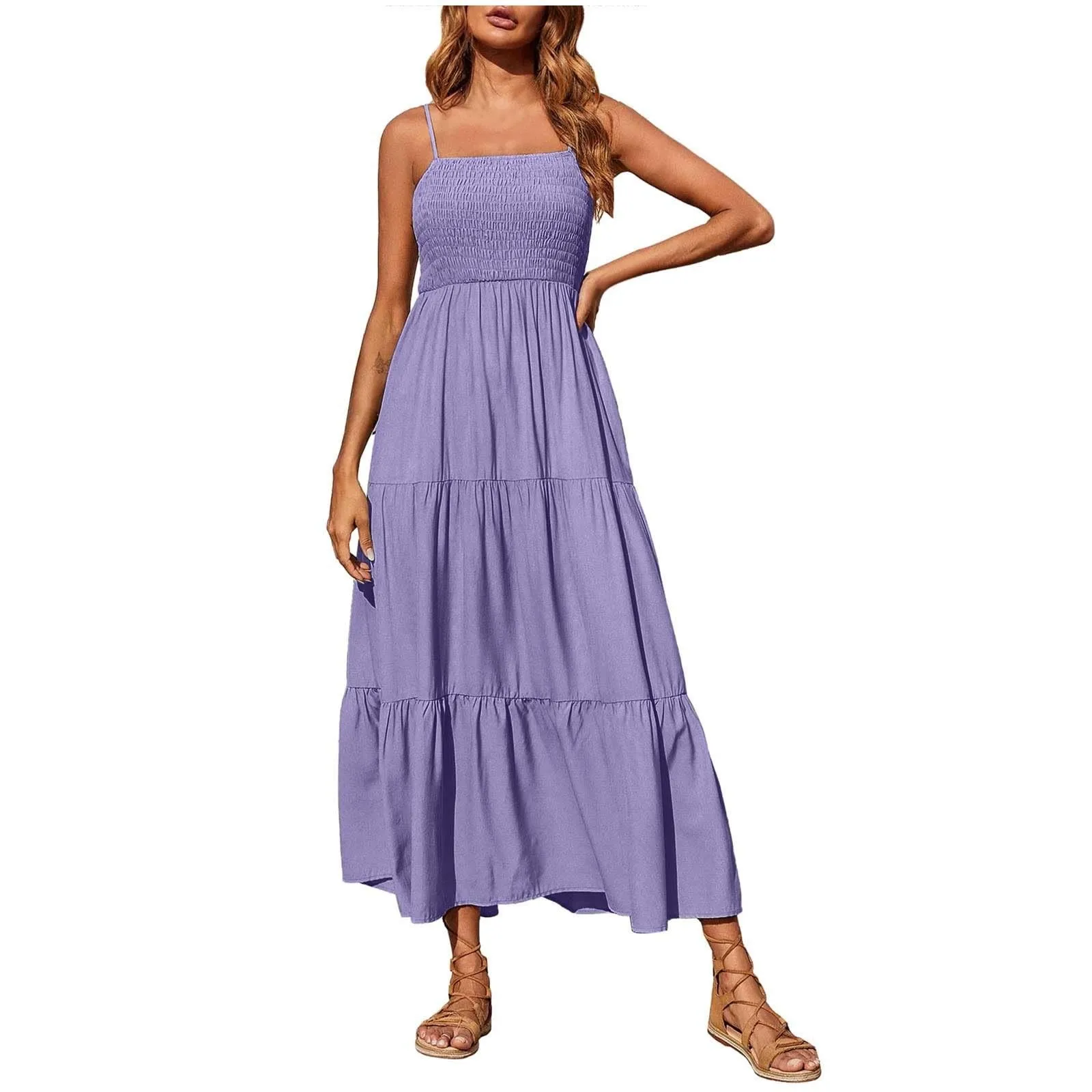 

Summer Korean Style Sweet Strapless Dress For Women Solid Beach Boho Smocked Tube Top Straps Swing Dress Pleated Slim Dress