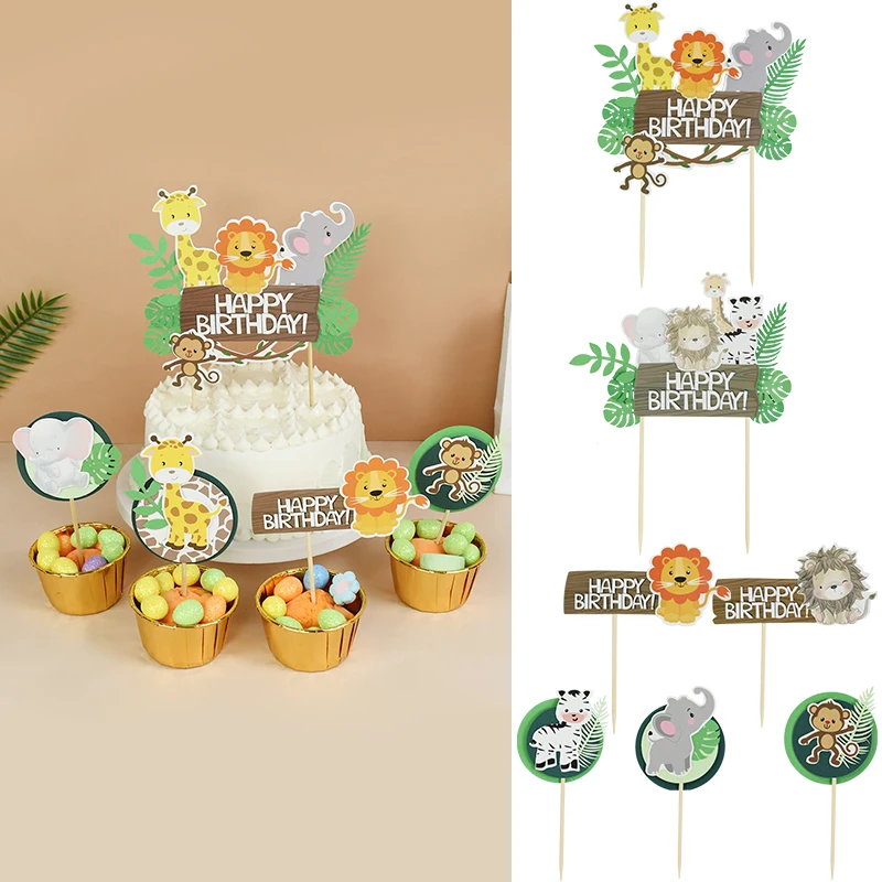 

1set Cartoon Animals Theme Cake Toppers Forest Party Animal paper Cupcake Topper kids Birthday Baby Shower Cake Decoration