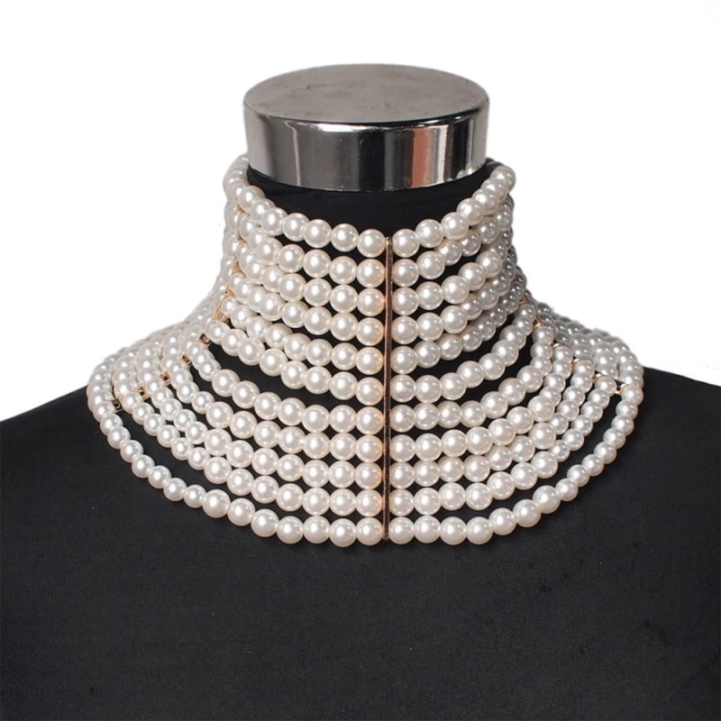 

68UA Women Wedding Vintage Exaggerated Choker Multi Strands Layered Imitation Pearl Jewelry High Collar Statement Necklaces