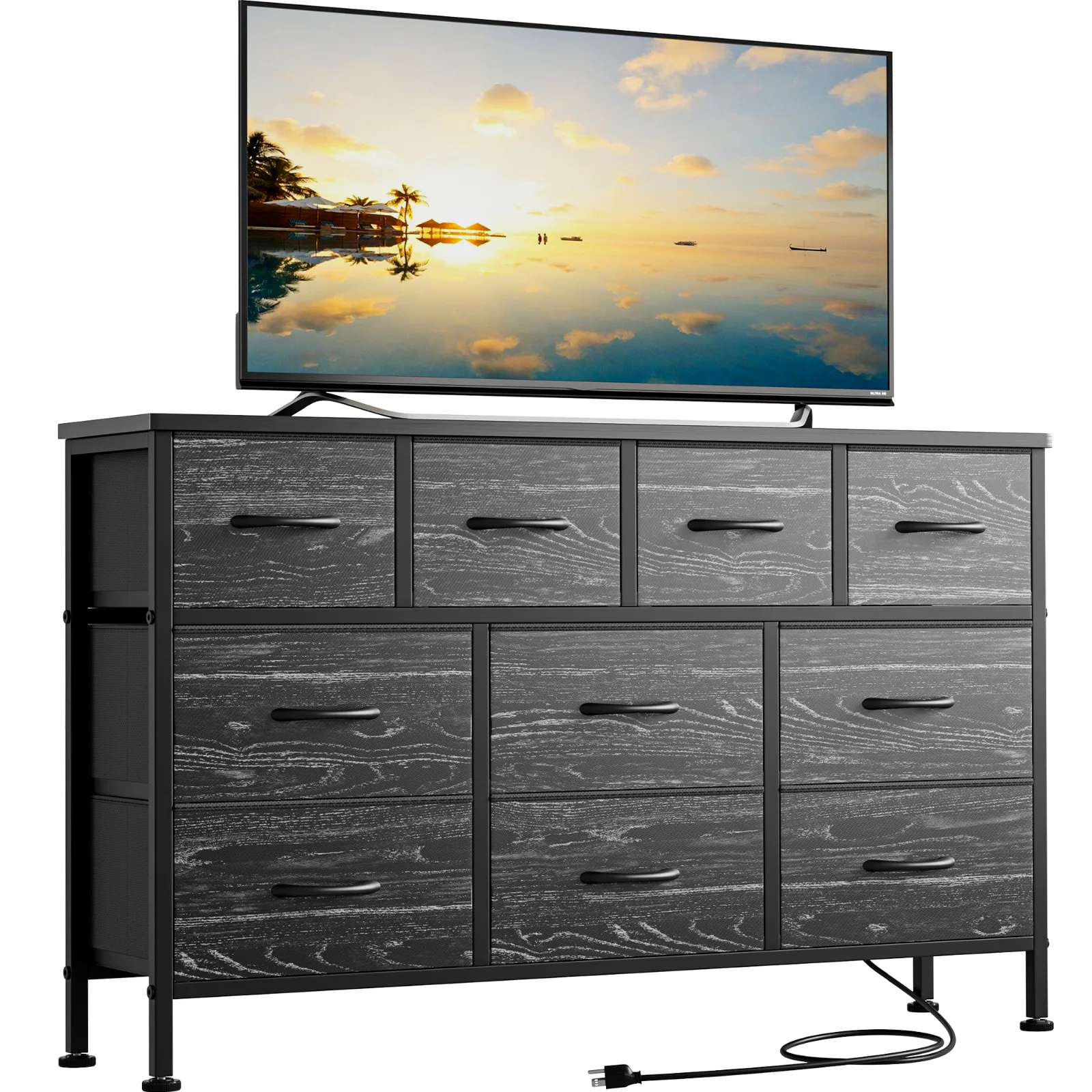 

10 Drawer Dresser 43" TV Stand with Power Outlet Chest of Drawers Storage Black