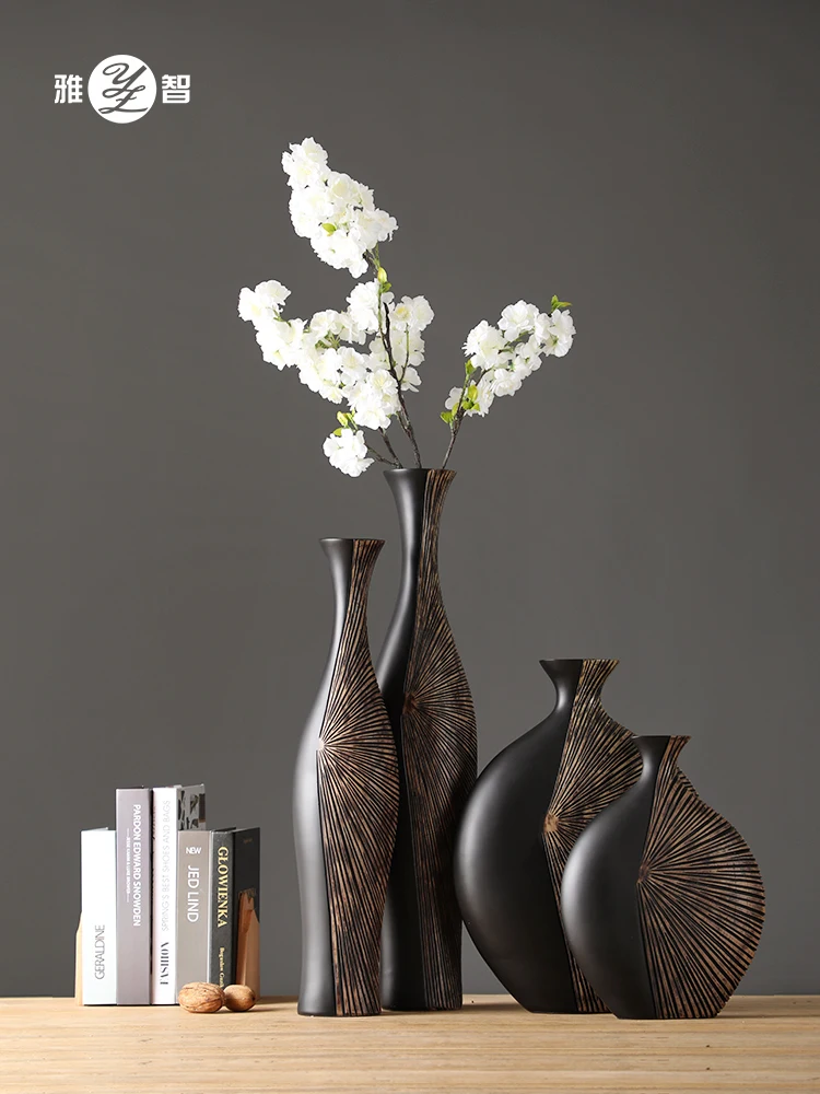 

Retro luxury vertical high black vase ornaments living room dried flower art porch resin new Chinese high sense decoration