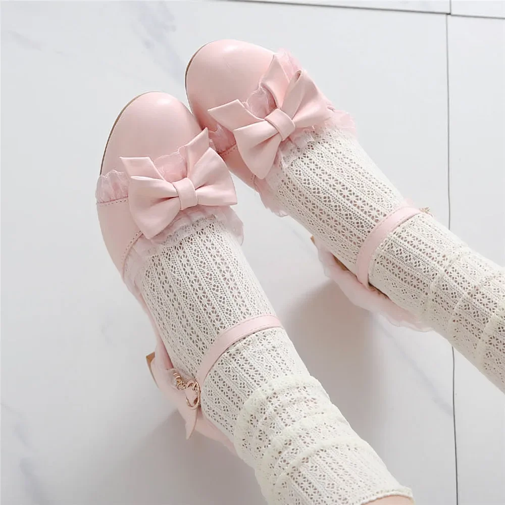 

2024 Spring Women High Heels Mary Jane Pumps Party Wedding White Pink Beige String Bead Bow Princess Cosplay Lolita Shoes 43