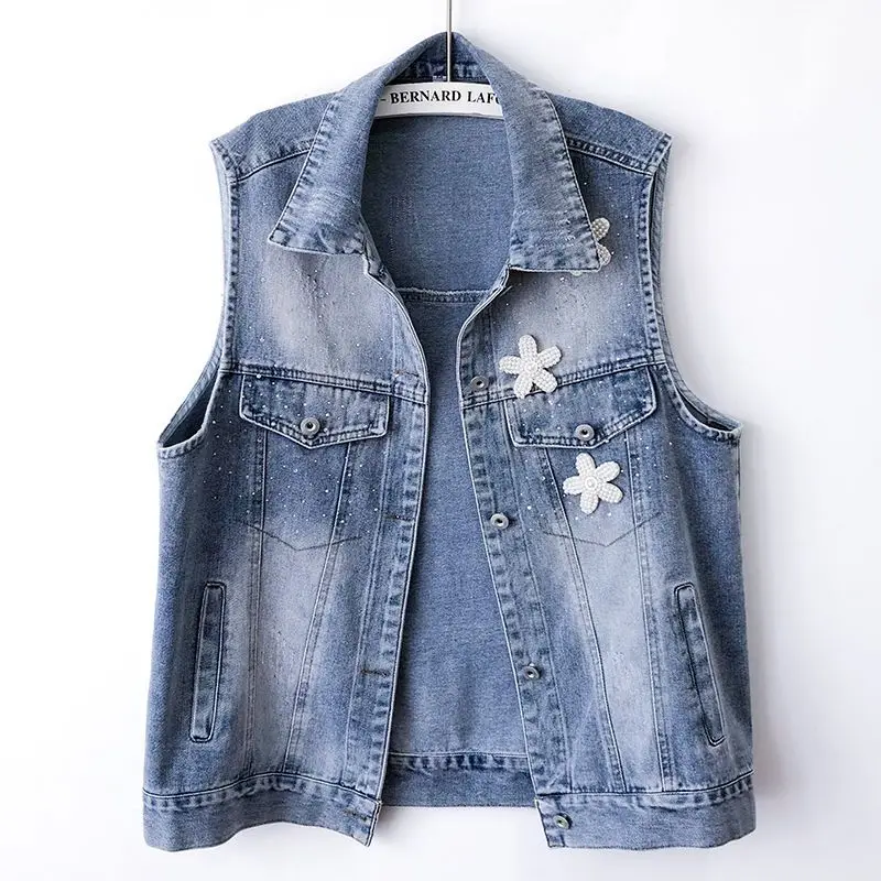 

Jean Cowboy Waistcoat Denim Vest Female 2024 Spring Autumn Sleeveless Tops Flower Short Jacket Vests Outerwear Women Clothes