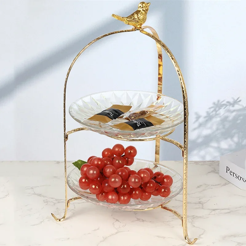 

Double Layer Fruit Plate Metal Glass Cake Pan Cake Stand Dessert Plate Bread Pan Dim Sum Plates Candy Snack Tray Display Stand