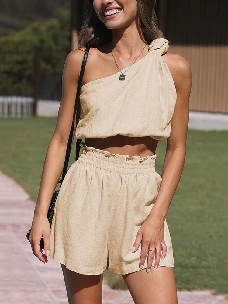 2023 New Solid Shorts Set Summer Casual Two Pieces Sets Women One Shoulder Tops And Elastic Waist High Mini Shorts Suits
2023 New Solid Shorts Set Summer Casual Two Pieces Sets Women One Shoulder Tops And Elastic Waist High Mini Shorts Suits