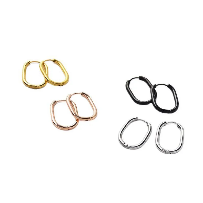 

Fashion Women Round Circle Pendientes Gold Black Stainless Steel Geometry Ellipse Loop Handles Hoop Huggie Earrings Jewelry