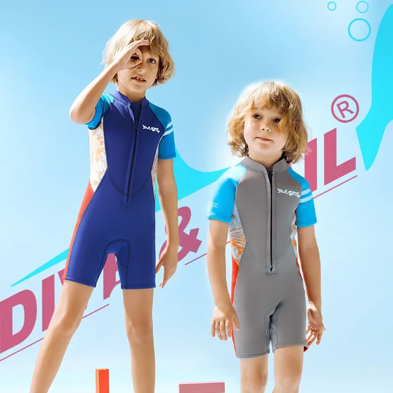 

Детский неопреновый гидрокостюм 2,5 мм, Детский Теплый цельный костюм с коротким рукавом для плавания, серфинга, подводного плавания, костюм для дайвинга, утепленный купальник