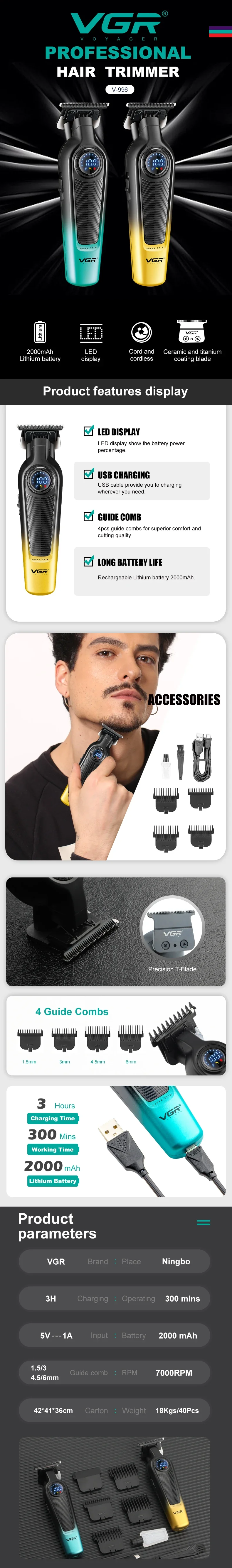 VGR V-996 Trimmer for Men DLC T-Blade LED Display Cordless USB Oil Head Professional Hair Clipper Finishing Machine Haircut VGR V-996 Trimmer for Men DLC T-Blade LED Display Cordless USB Oil Head Professional Hair Clipper Finishing Machine Haircut