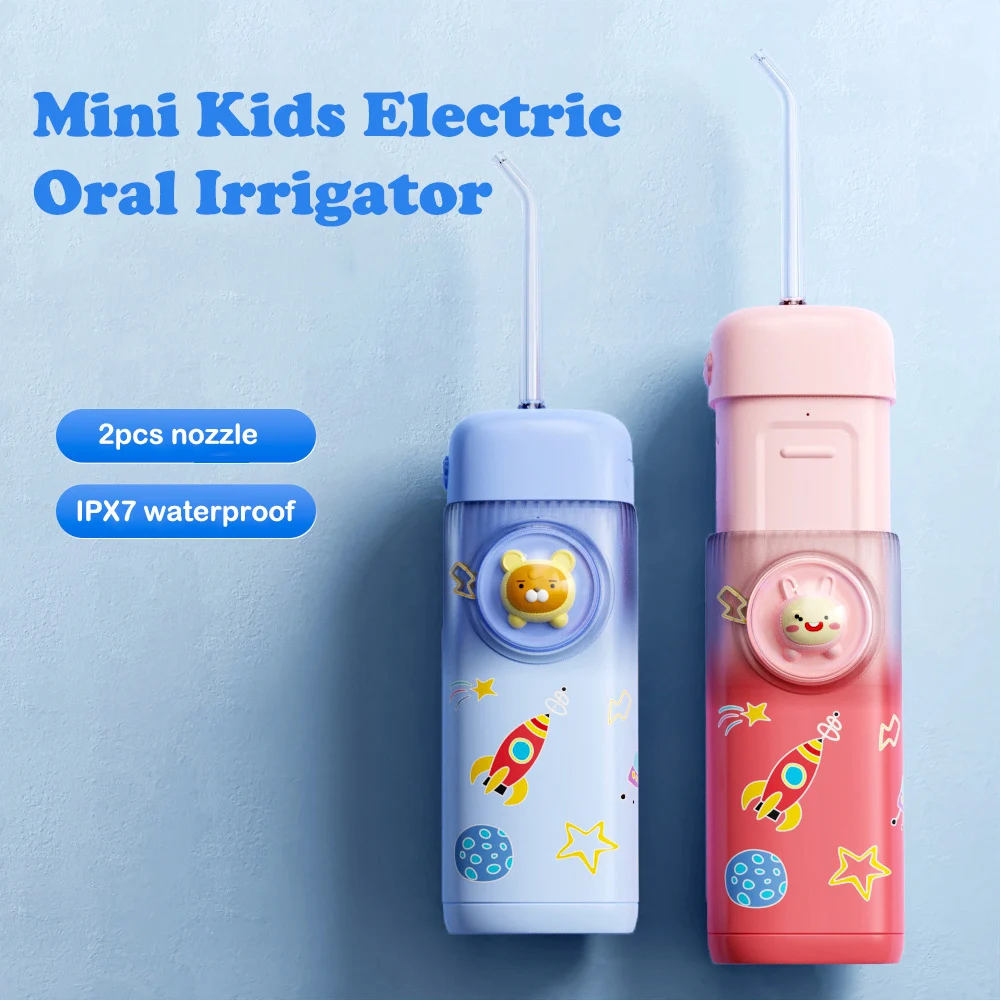 

Mini Kids Electric Oral Irrigator Portable Water Flosser Cordless for Teeth Cleaning Gums Braces Care Rechargeable 4 Tips 2 Mode