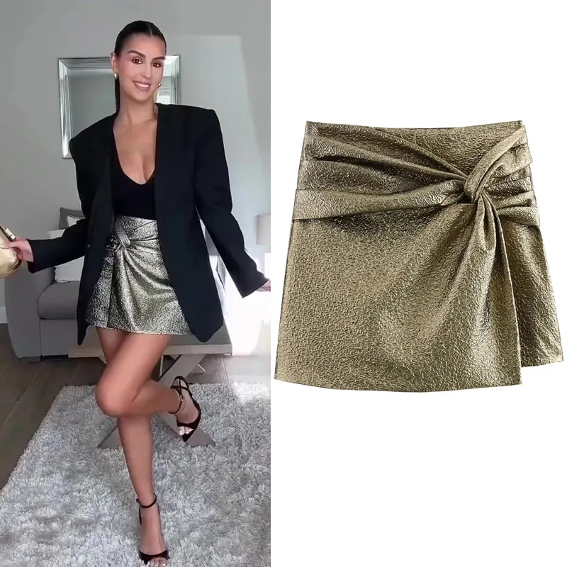 

TRAF Golden Short Skirts For Woman Fashion Knotted New Skort Women Elegant Asymmetric Hem Shorts Female Sexy New Aesthetic Skirt