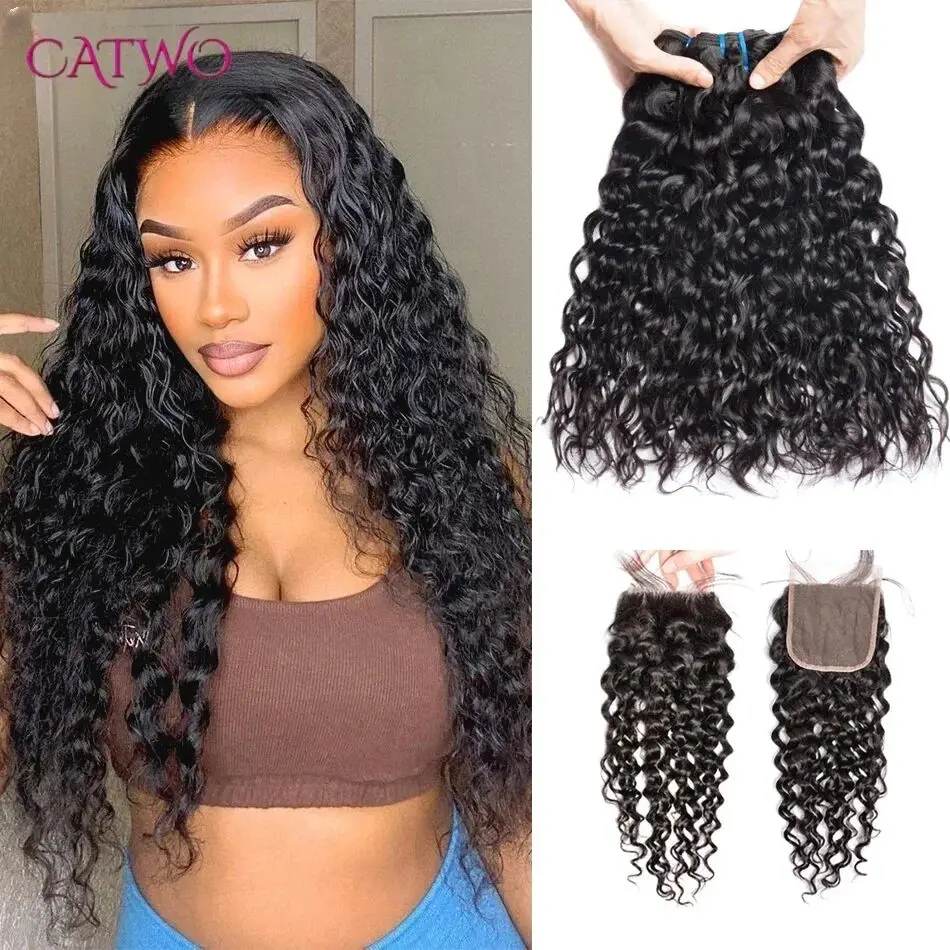 

12A Water Wave Bundles With 4*4 Lace Closure Frontal Wet and Wavy Virgin Curly 100% Brazilian Human Hair Bundles With Closure