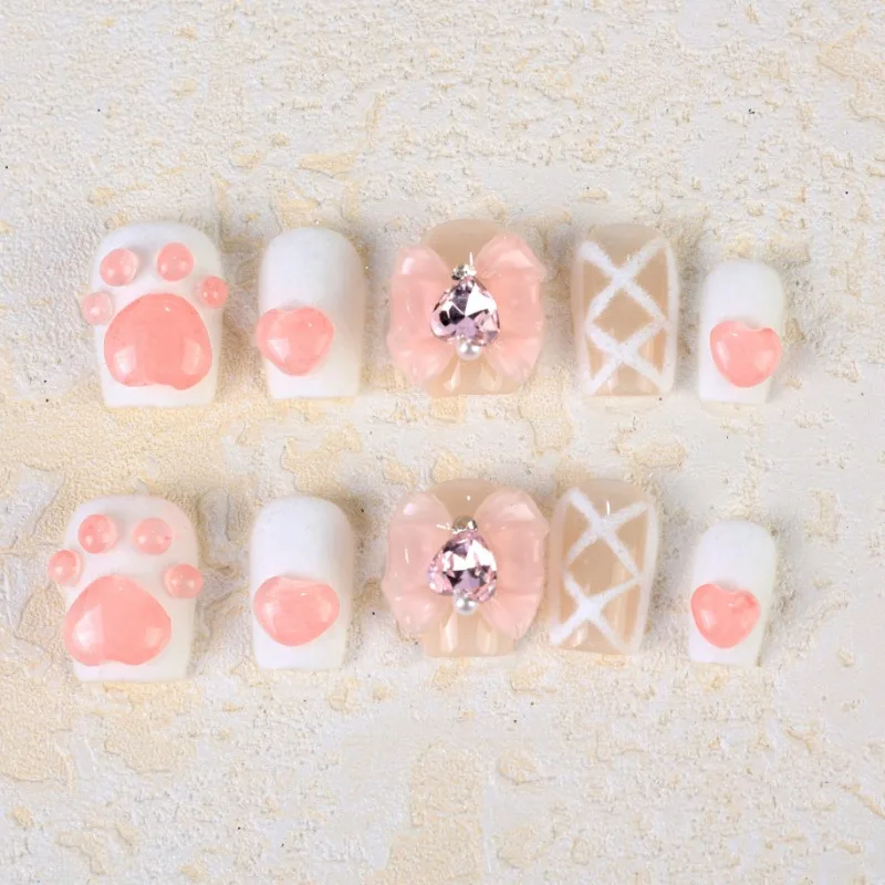 10pcs Set Handmade Artificial Nails Sweet Cat Claw & Bow Design, Daily Wear, Perfect For Outfit Matching Dating And Parties
10pcs Set Handmade Artificial Nails Sweet Cat Claw & Bow Design, Daily Wear, Perfect For Outfit Matching Dating And Parties