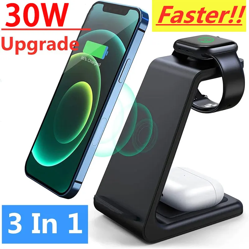 

30W Wireless Charger Stand For iPhone 14 13 12 11 X Apple Watch 3 in 1 Fast Charging Docking Station for Airpods Pro iWatch 8 7