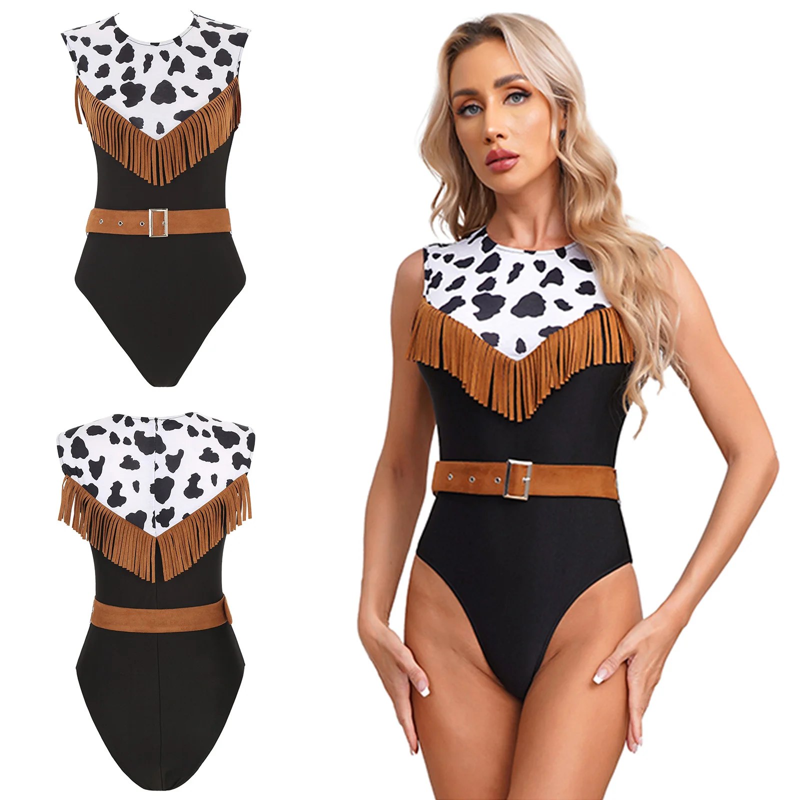 

Halloween Womens Cowgirl Bodysuit with Suede Waist Belt Sleeveless Tassel Contrast Print Leotard Theme Party Cosplay Costumes