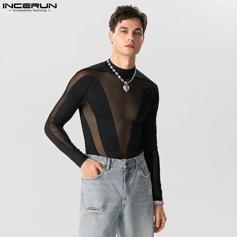 

INCERUN 2023 Sexy Mens Fashion Homewear O-Neck Mesh Splice Bodysuits Casual Male Solid Long Sleeve Thin Triangle Jumpsuits S-5XL