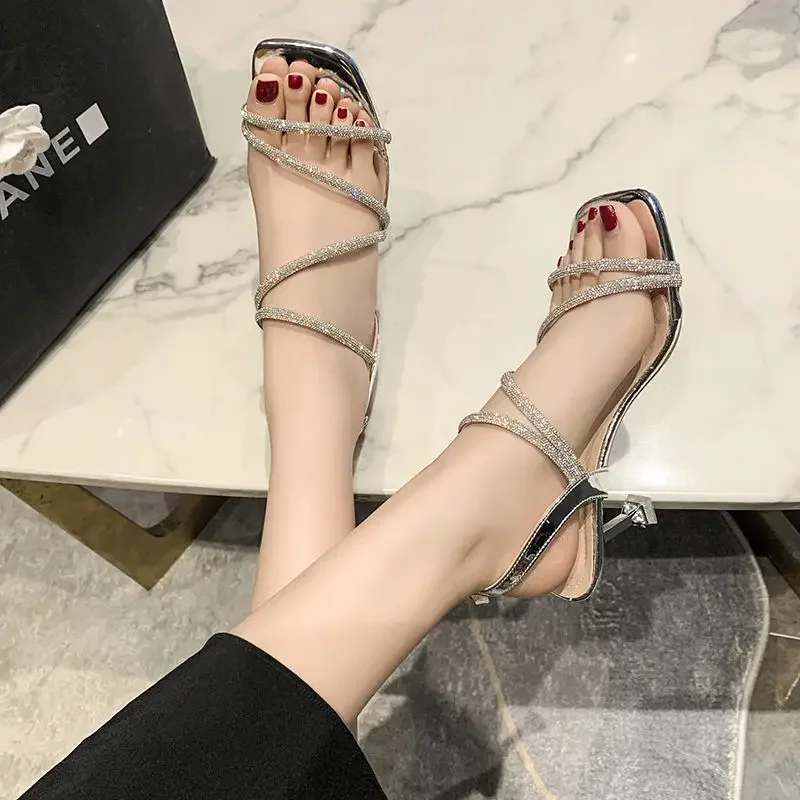 

Summer 2024 Stiletto Buckles Sandals for Women One Word Thin Heels Rhinestones Footwear Gold Ladies Shoes Sale Anti Slip Hot H F