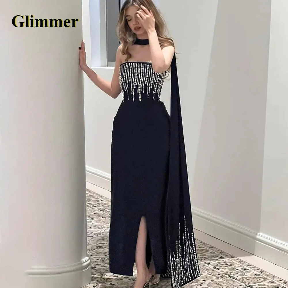 

Glimmer Modern Strapless Evening Dresses Satin Sequines Side Slit Pleat Backless Sleeveless Vestidos De Noche Personalised